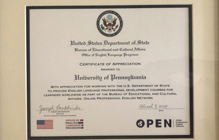 ELP Receives Recognition from the U.S. Department of State’s Office of English Language Programs