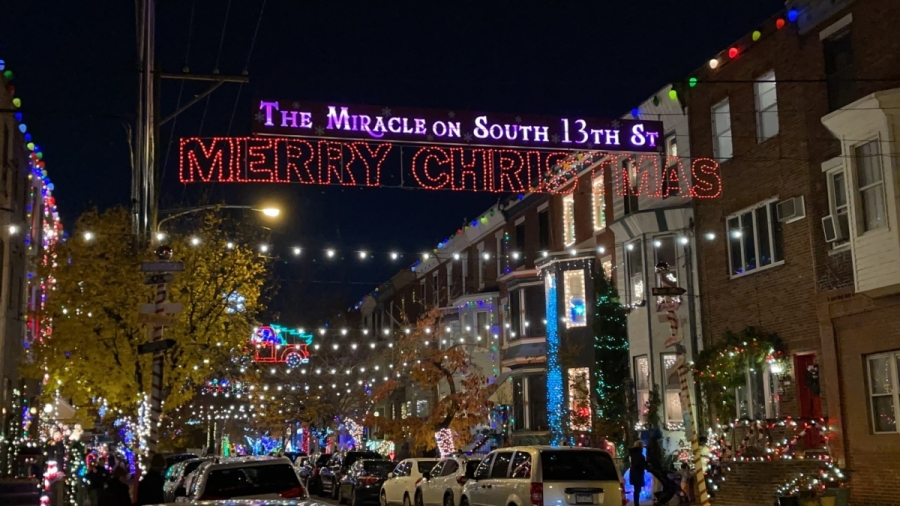 Christmas lights and the Christmas Village.